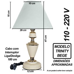Abajur Clássico Trinity Quarto Sala Luminária Decoração – Bege Cúpula Branca - 2