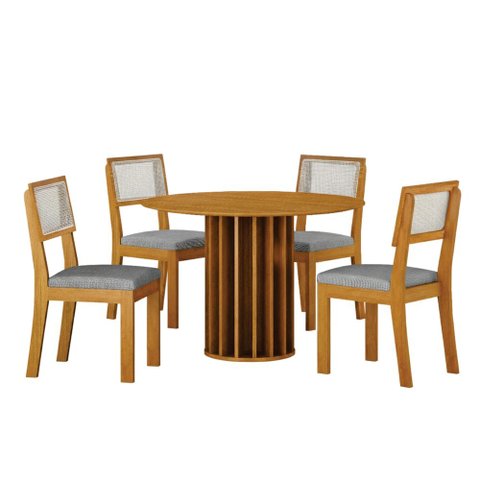 Conjunto Sala de Jantar Flora 1,08m Tampo MDF com 4 Cadeiras Cinamomo/Linho Cinza