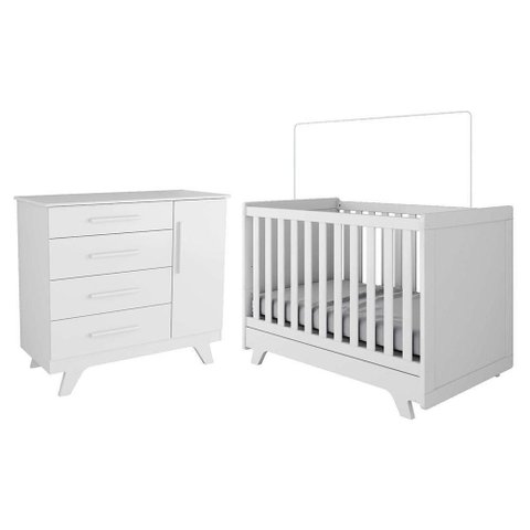 Jogo de Quarto Infantil Retrô Cômoda e Berço Branco Brilho - Móveis Peroba