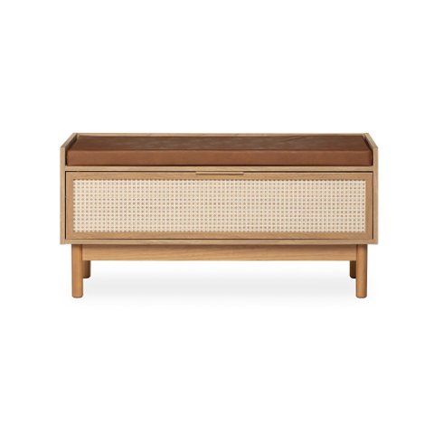 Banco Sapateira Kaki 100% MDF 100 cm X 40 cm Courino Caramelo Telinha Rattan