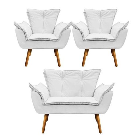 Kit 01 Namoradeira e 02 Poltronas Opala Corino Pés Palito Castanho - D’Rossi - Branco