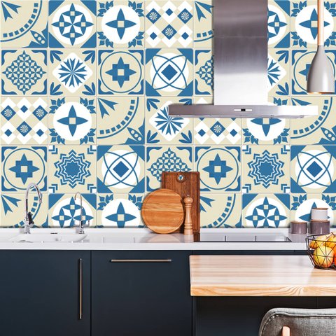 Adesivo de Azulejo Português Clássico Azul e Bege 1 Arte Destaque