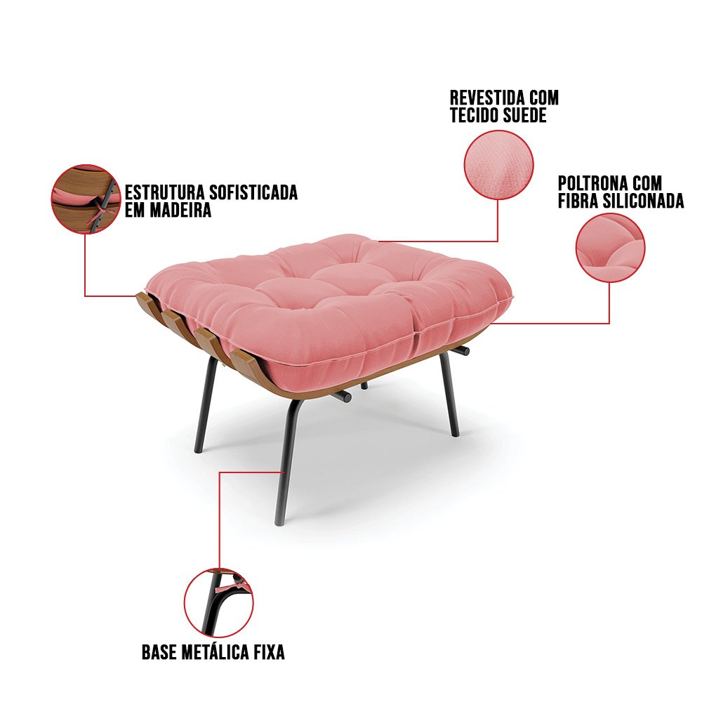 Kit 01 Poltrona e 01 Puff Costela Suede Base Metal - D'Rossi - Rose - 11