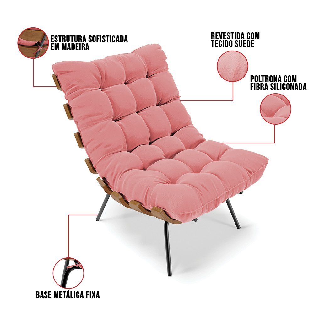 Kit 01 Poltrona e 01 Puff Costela Suede Base Metal - D'Rossi - Rose - 10