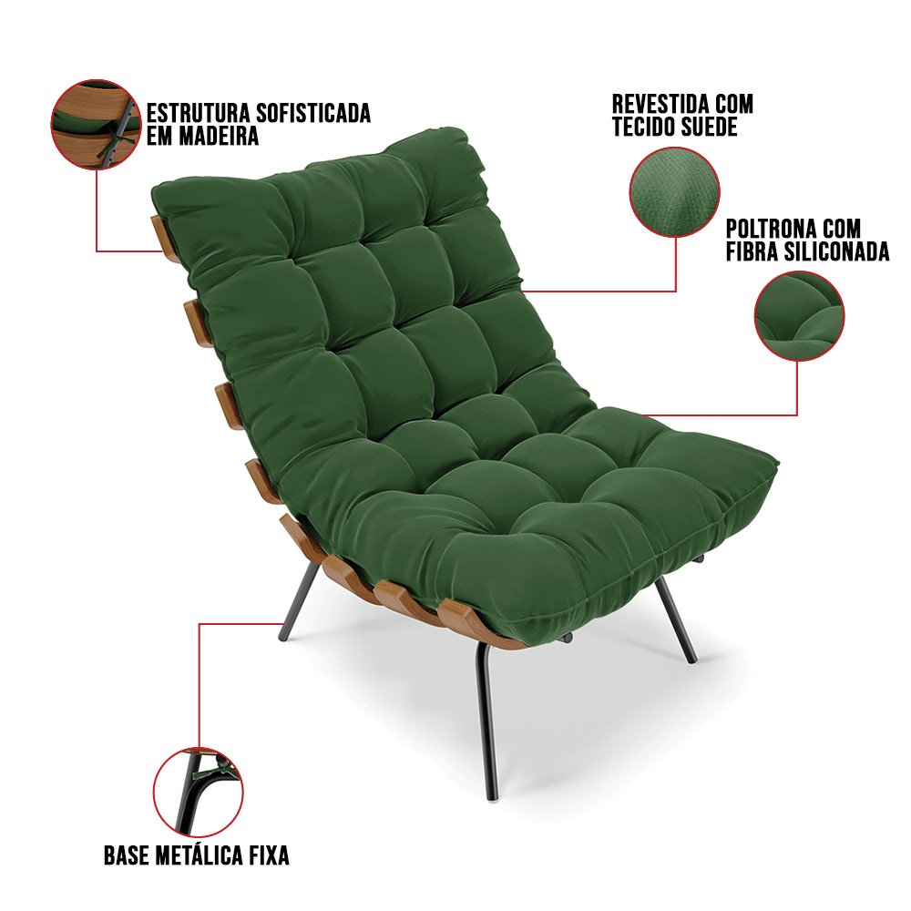 Kit 01 Poltrona e 01 Puff Costela Suede Base Metal - D'Rossi - Verde - 10