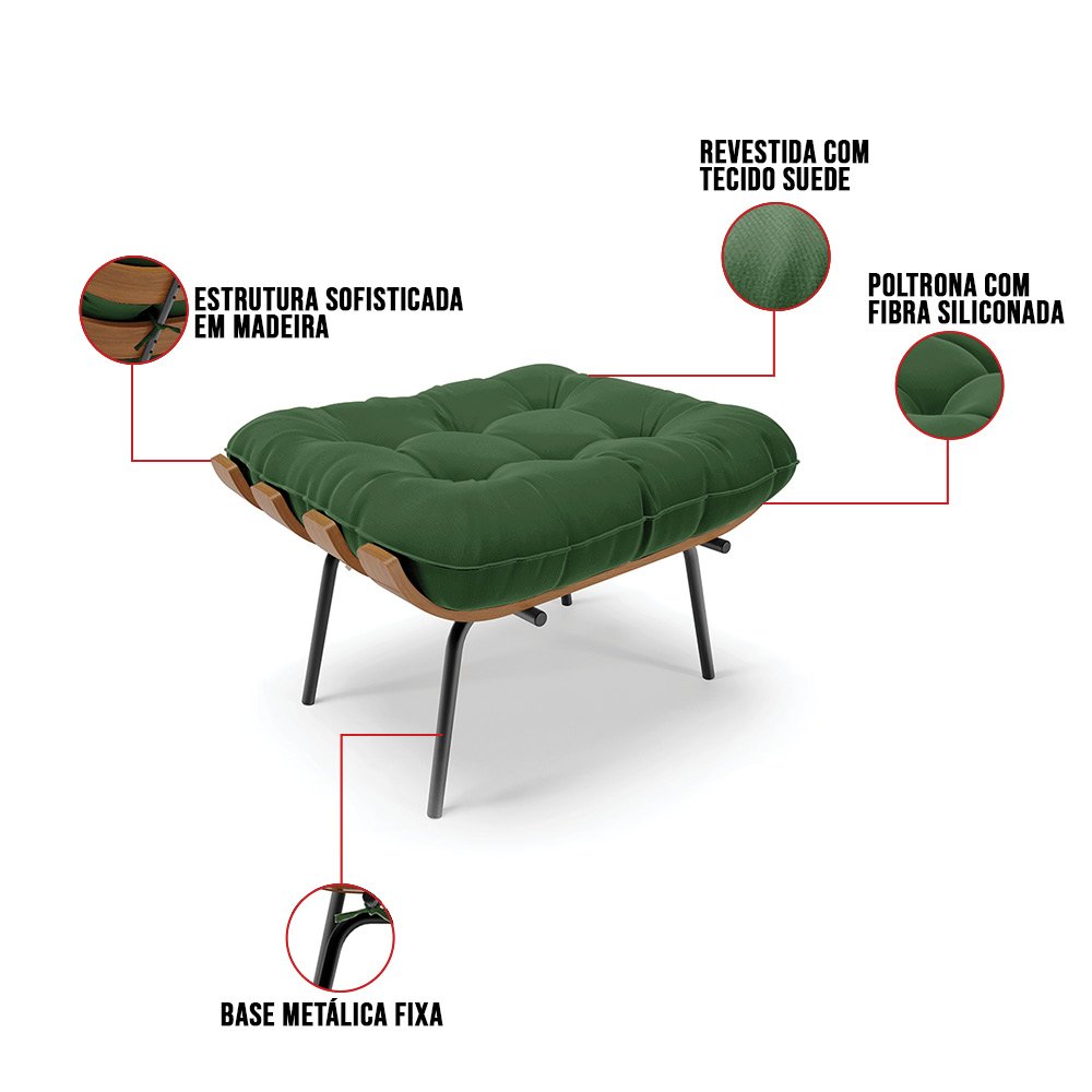 Kit 01 Poltrona e 01 Puff Costela Suede Base Metal - D'Rossi - Verde - 11