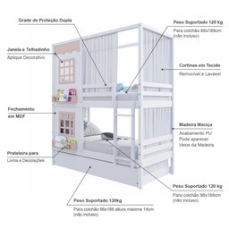 Treliche Casinha Reta com 02 Janelas e Cortina Madeira Maciça Branco/ Rosa Housin - 3