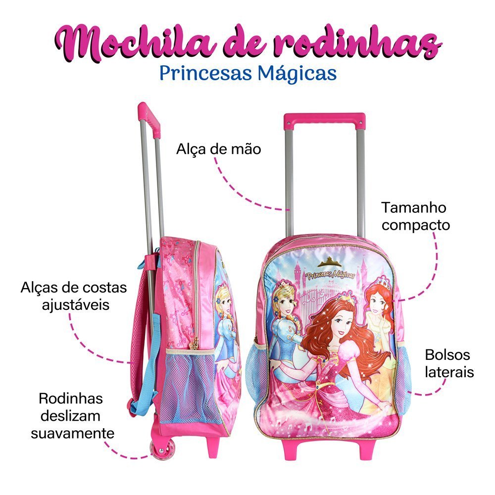 Mochila Infantil Escolar com Rodinhas Desenho Princesas Mágicas - 6