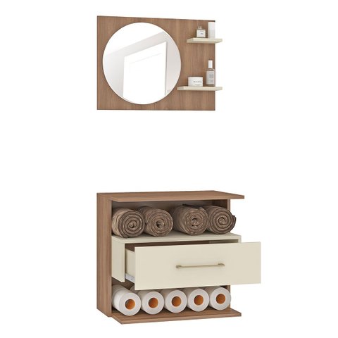 Armário Gabinete com Espelheira para Banheiro 60 Cm Florença 1 Gaveta Mdp Marrom Bege Clicklar