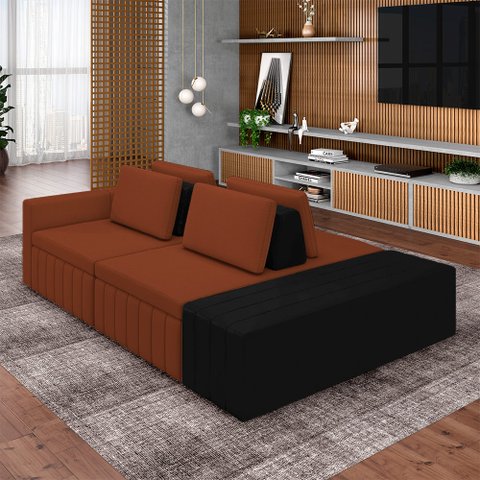 Sofá Ilha com Encosto e Almofadas Móveis Olimpo 245cm Modulado Linho/pu Terracota/preto G45 - Gran B