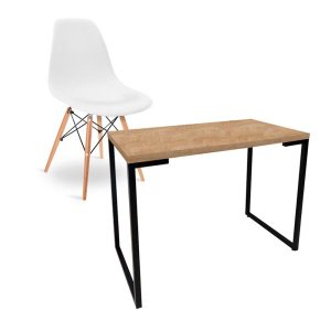 Kit Mesa para Computador Escrivaninha Porto Natura 90cm e Cadeira Eiffel Charles Eames Branco