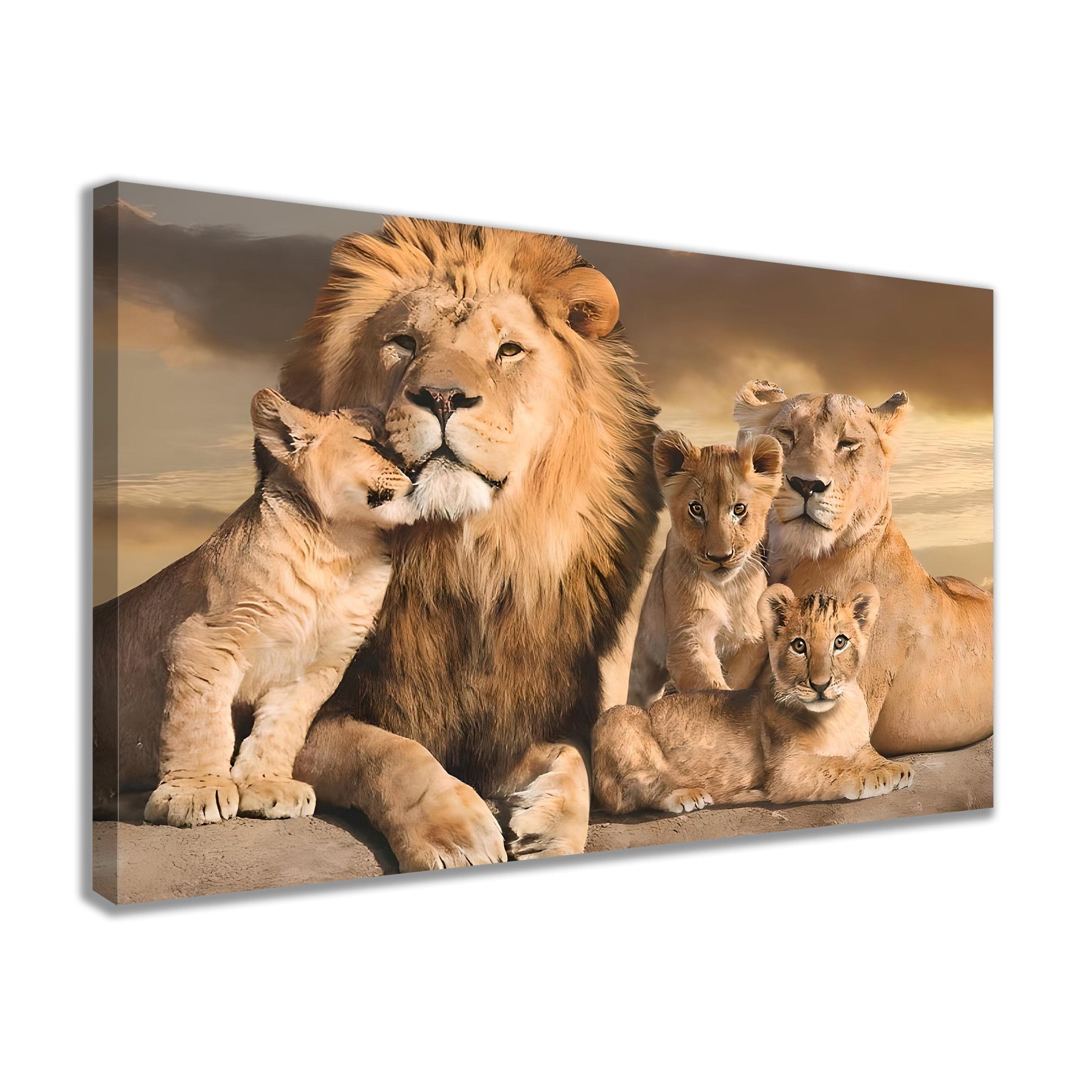 Quadro Leão Família 2 Filhotes Estilo Canvas Sala Quarto | MadeiraMadeira