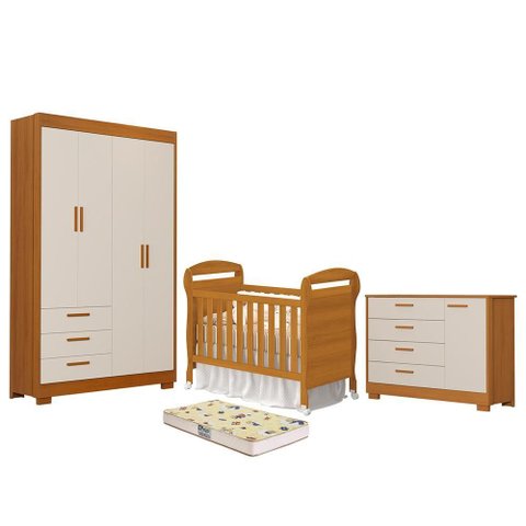 Dormitório Infantil Zaki Guarda Roupa, Cômoda e Berço Danny Areia Fosco/savana com Colchão