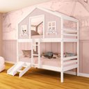 Ver imagem 1 de Beliche Casinha Dos Sonhos com Escada/ Escorregador Madeira Maciça Rosa/ Branco Megamobilia