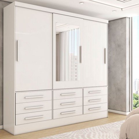 Guarda-roupa Casal Max 3 Portas 9 Gavetas com Espelho Branco - Panorama Móveis