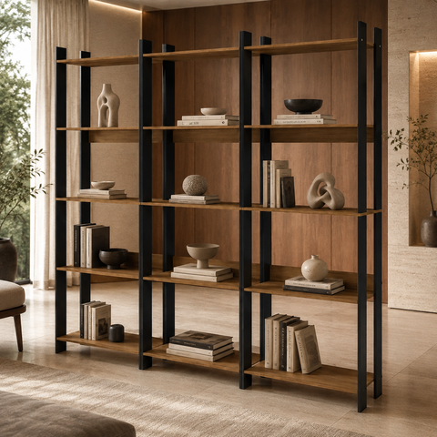 Kit 3 Estantes para Livros 15 Prateleiras Estilo Industrial Lâmina Mel/Preto - BRV Móveis