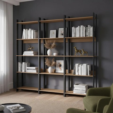 Kit 3 Estantes de Livros Industrial 15 Prateleiras Mel/Preto - BRV Móveis