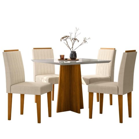 Conjunto Sala de Jantar Mesa Anitta 90x90 4 Cadeiras Ana Ype/off White/linho Palha