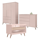 Ver imagem 1 de Kit Quarto Infantil Bebê Melinda com Pés Cômoda Guarda Roupa 3 Portas 2 Gavetas e Berço Mini Cama Ro