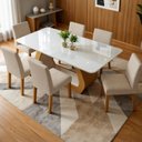 Ver imagem 2 de Conjunto Sala de Jantar 6 Lugares Retangulares 160x80cm Tampo Vidro MDF Laine Marrom Amendoa Clean/Off White/Linho Rinzai Bege