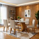 Ver imagem 1 de Conjunto Sala de Jantar 6 Lugares Retangulares 160x80cm Tampo Vidro MDF Laine Marrom Amendoa Clean/Off White/Linho Rinzai Bege