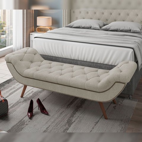 Puff Recamier Decorativo com Tachas 140 cm Santorini P05 Bouclê Creme - Lyam Decor