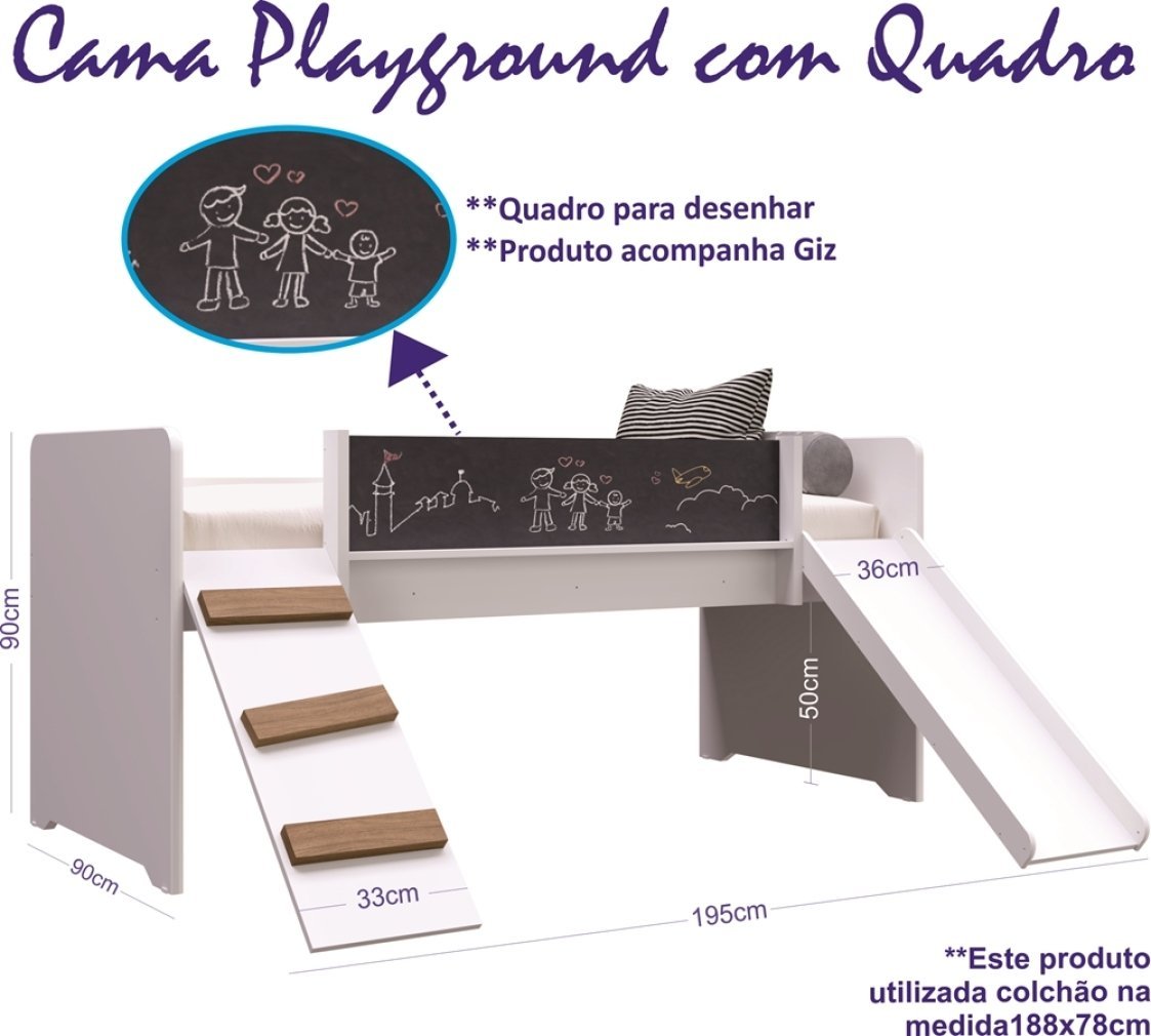 Cama Playground com Escorregador e Rampa Branca Completa Móveis - 3
