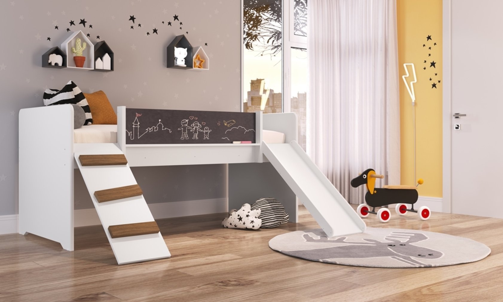 Cama Playground com Escorregador e Rampa Branca Completa Móveis - 1