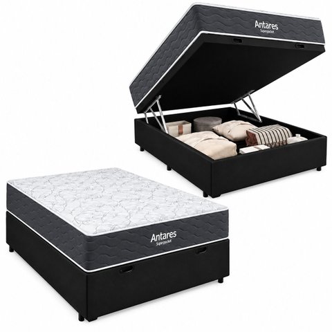 Cama Box Baú Casal Suede + Colchão Airtech Molas Ensacadas Antares Ortobom 138x188x71 Cor:Preto