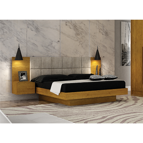 Cama casal Queen Size Braga com Painel Estofado 2 Mesa De Cabeceira Suspensa Joli Camurça- Leifer: F