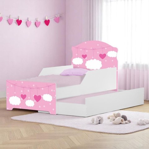 Mini Cama Infantil com Cama Auxiliar 153x79cm Personagens Nuvem Menina K02 - D’Rossi