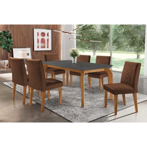 Conjunto: Mesa Sala Jantar Londrina C/ Tampo Madeirado C/ Vidro Canto Curvo 180x90cm e 6 Cadeiras