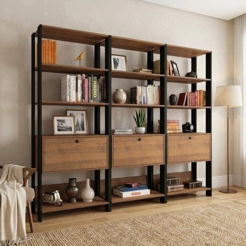 Kit 3 Estantes Multiuso 4 Prateleiras e 1 Porta Basculante 166 x 189cm Marrom/Preto
