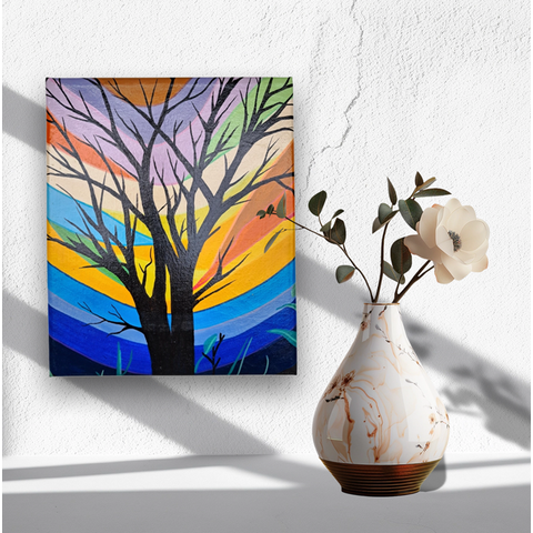 Mini Quadro Artesanal Decorativo com Árvore Morta Pintado a Mão Medindo 30x25cm