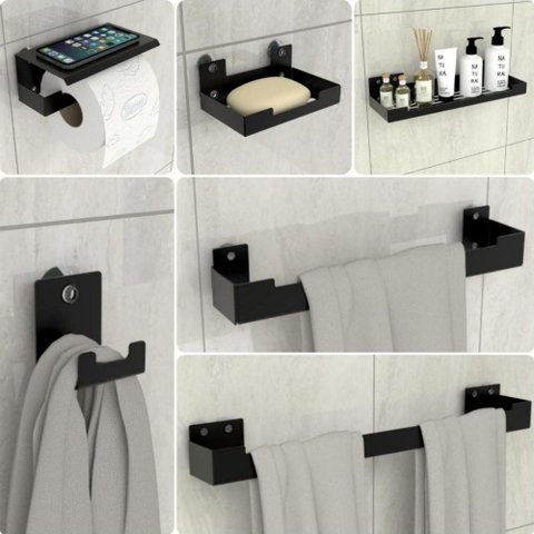 Kit Acessórios para Banheiro com Ventosa 6 Peças Preto Elg