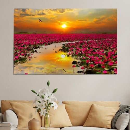 Quadro Decorativo - Por do Sol e Flores de Lótus - 110x70cm