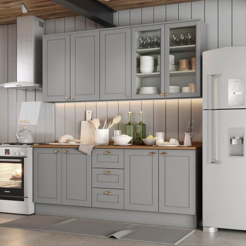 Cozinha Compacta 4 Peças com Aéreo Cristaleira Americana Casa 812