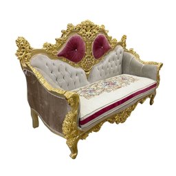 Sofá Clássico 2 Lugares Bege Floral com Detalhes Dourado - 133x205x70cm - 4