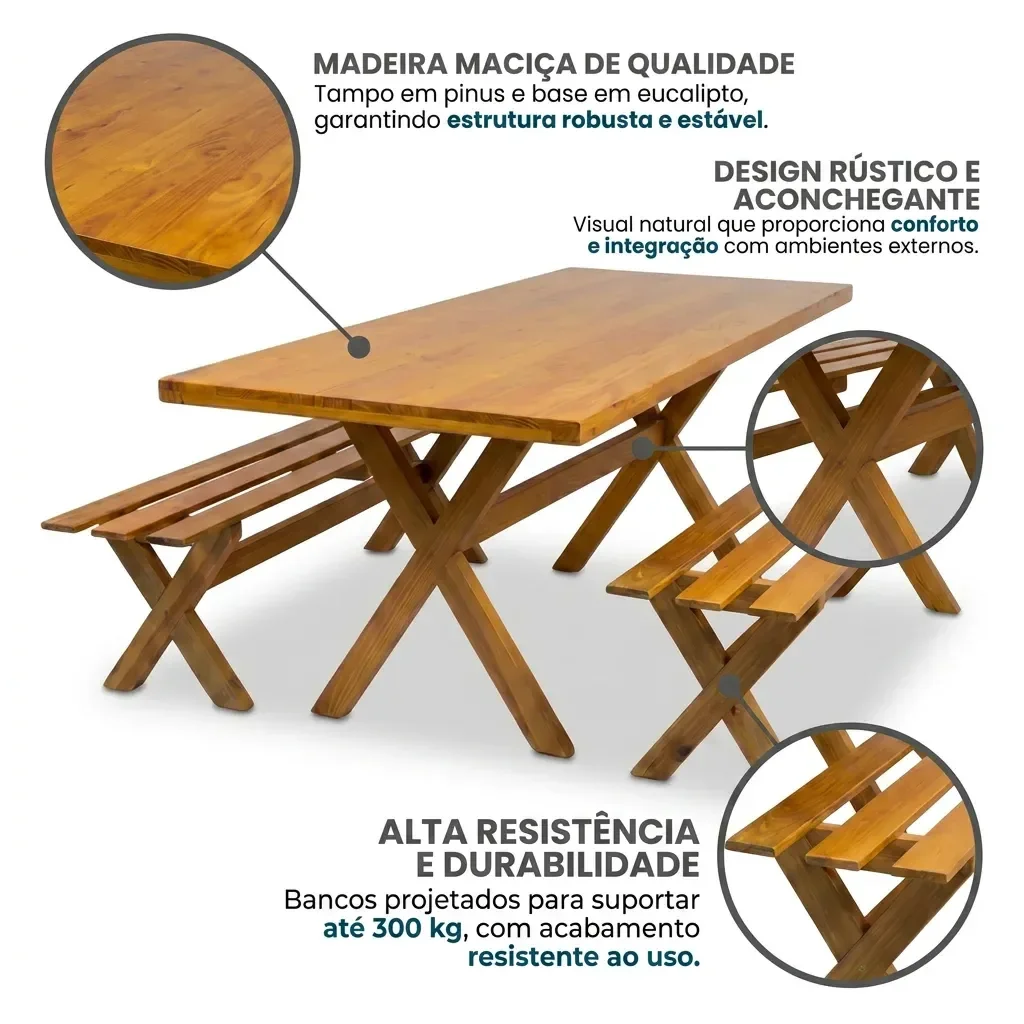 Ver imagem 4 de Conjunto Mesa para Área Externa com 2 Bancos em Madeira Maciça 200x80cm Kit Churrasco Yescasa Mel