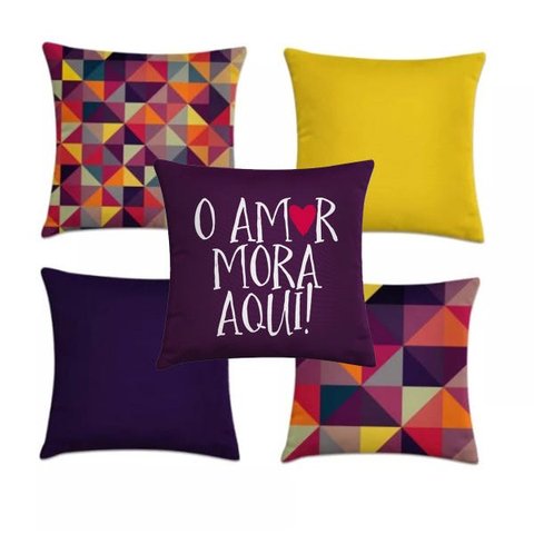 kit 5 capas de almofadas geométrica roxo e amarelo 40x40