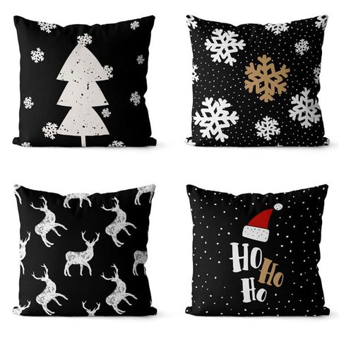 kit 4 capas de almofadas natal preto com dourado