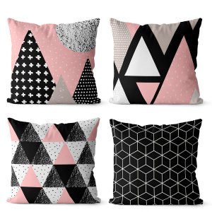 Kit 4 almofadas decorativas geométrica rosa e preto 45x45