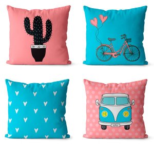 Kit 4 almofadas decorativas geométrica azul e rosa 45x45