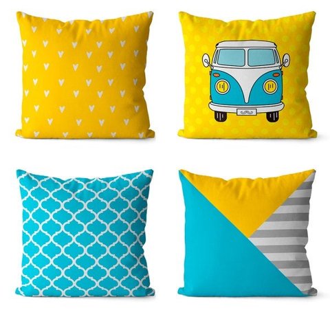 Kit 4 almofadas decorativas geométrica azul e amarelo 45x45