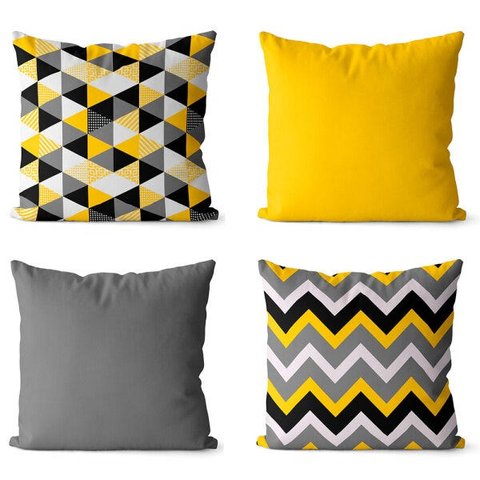 Kit 4 Capas Para Almofadas Amarelo Com Cinza 40x40