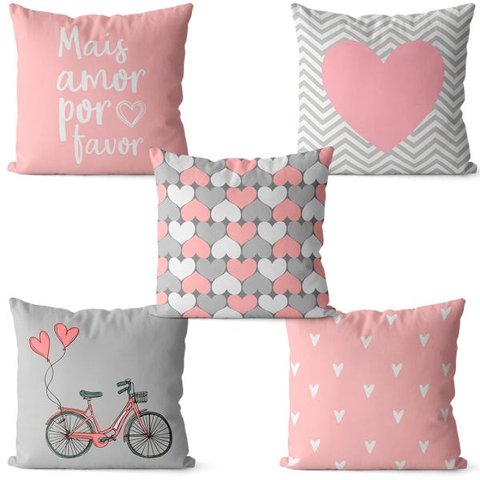 Kit 5 Capas de almofadas para decoração rosa e cinza 40x40