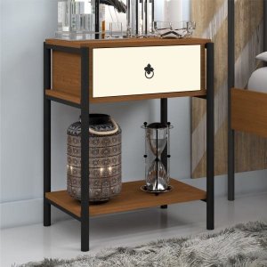 Mesa de Cabeceira Industrial Magali Preto Canela Off White
