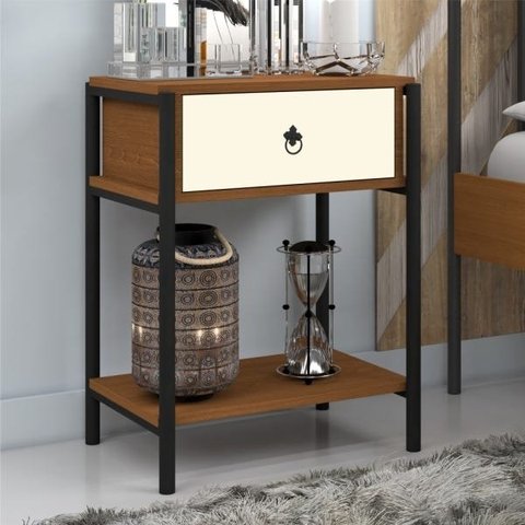 Mesa de Cabeceira Industrial Magali Preto Canela Off White