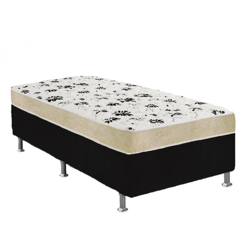 Cama Box Solteiro Suede Preto + Colchão Solteiro Suede Bege Espuma 88x188x55