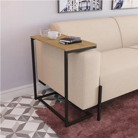 Mesa Apoio Lateral Sofá Vintage Aço e Madeira Freijó/Preto fosco